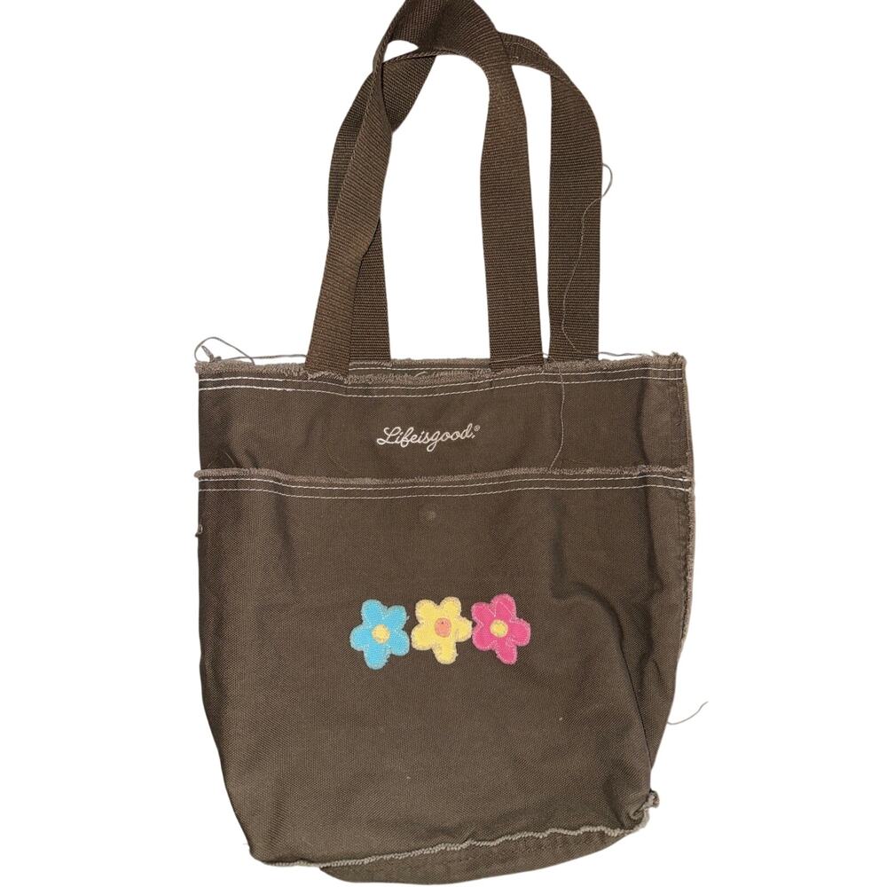 Life is Good Canvas Tote Bag Multicolor Flowers Outside / Inside Pocket 13”